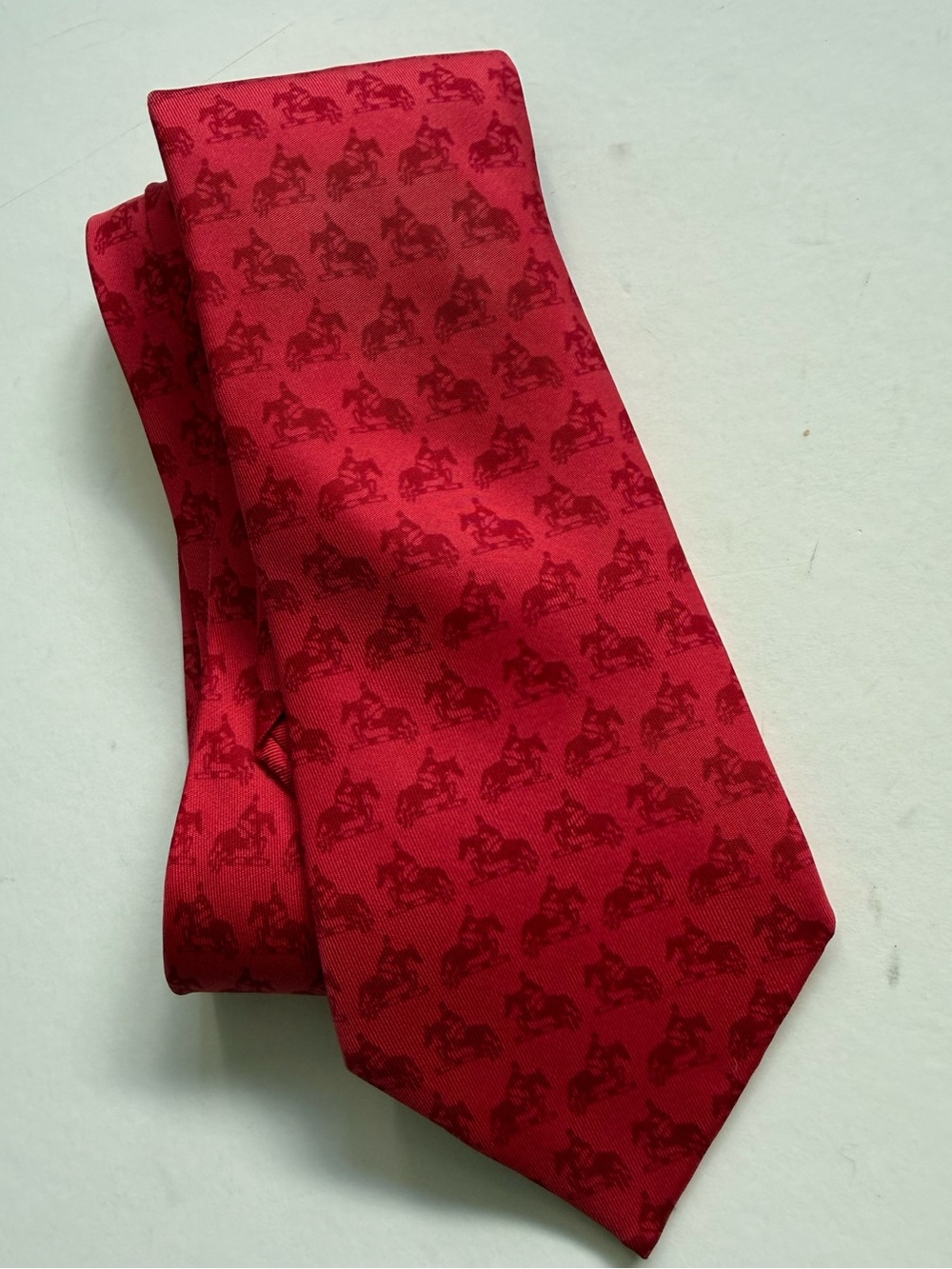 Hermes Red Silk Tie Equestrian Horse Rider Logo